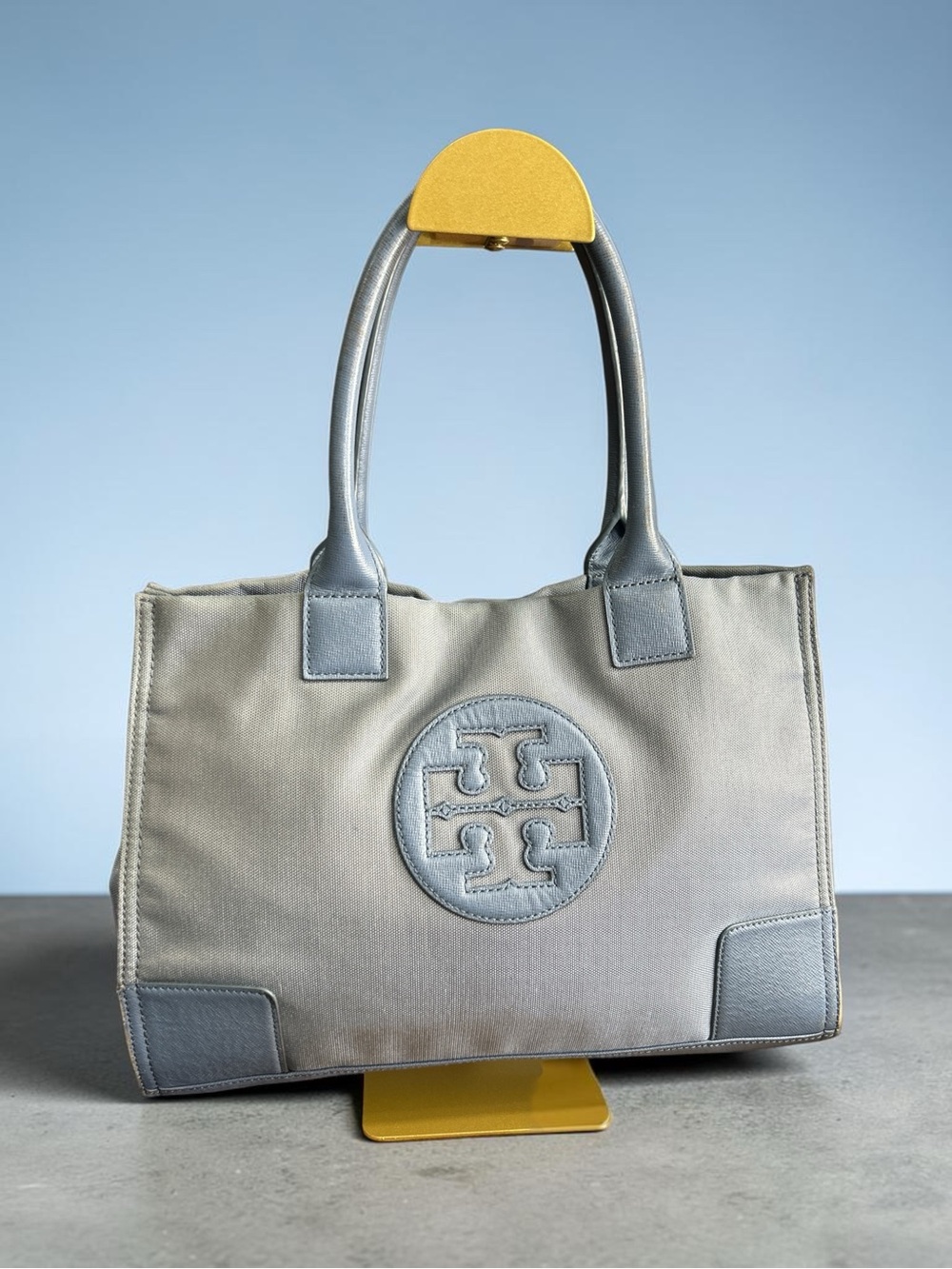 Tory Burch Blue Canvas Logo Tote with Blue Leather Trim